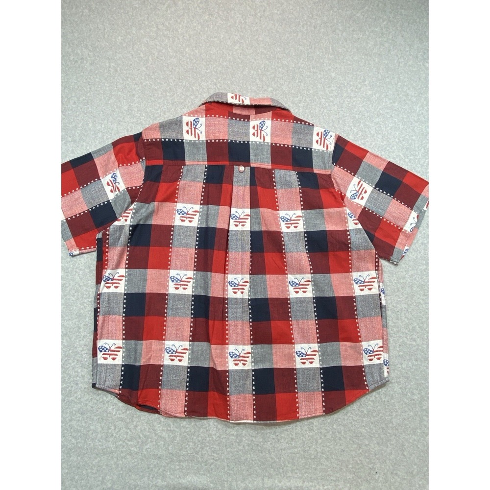 Company One Womens Button Up Shirt 2X Red Plaid Flag Butterfly Short Patriotic - Picture 8 of 9